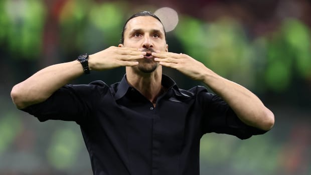 Zlatan Ibrahimovic pictured blowing kisses to AC Milan fans at the club's San Siro stadium after announcing his retirement from soccer in June 2023 at the age of 41