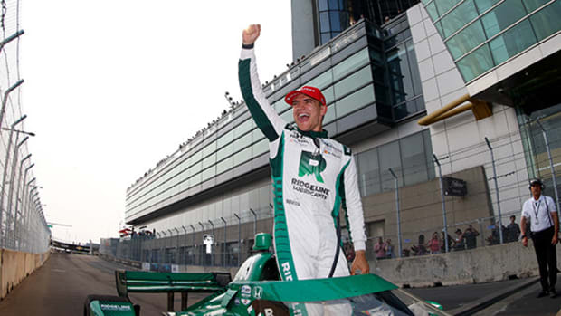 Alex Palou celebrates after winning Sunday's Detroit Grand Prix, held for the first time on the streets of Motor City, replacing the former venue of Belle Isle Park. Palou also padded his lead in the IndyCar standings. Photo courtesy IndyCar.