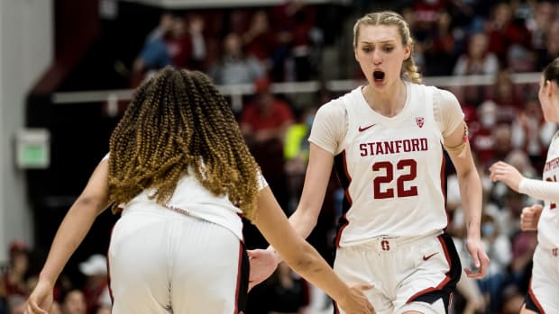Feb 20, 2023; Stanford, California, USA; Stanford Cardinal forward Cameron Brink (22) is congratulated by guard Haley Jones (30) after scoring against the UCLA Bruins during the second half at Maples Pavilion. Mandatory Credit: John Hefti-USA TODAY Sports