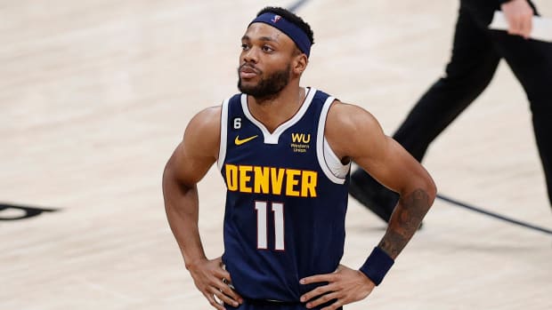 Nuggets forward Bruce Brown puts hands on hips after Game 2 loss of NBA Finals