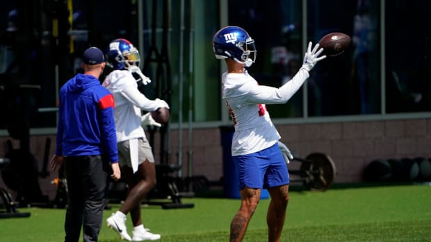 New York Giants wide receivers Isaiah Hodgins, right, and Parris Campbell participate in organized team activities (OTA's) at the Giants training center on Wednesday, May 31, 2023, in East Rutherford.