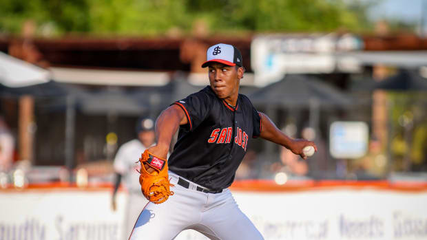 SF Giants 2022 first-round pick Reggie Crawford throws a pitch for the San Jose Giants against the Fresno Grizzlies on June 1, 2023.