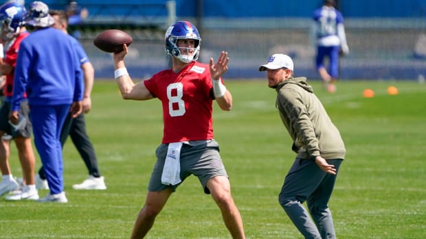 New York Giants quarterback Daniel Jones (8) throws the ball during organized team activities (OTA's) at the Giants training center on Wednesday, May 31, 2023, in East Rutherford.
