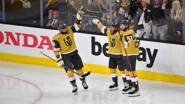 Golden Knights players celebrate a goal in the Stanley Cup Final