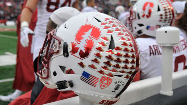 Nov 4, 2017; Pullman, WA, USA; Stanford Cardinal helmet sit on the sideline during a game against the Washington State Cougars at Martin Stadium. The Cougars won 24-21. Mandatory Credit: James Snook-USA TODAY Sports