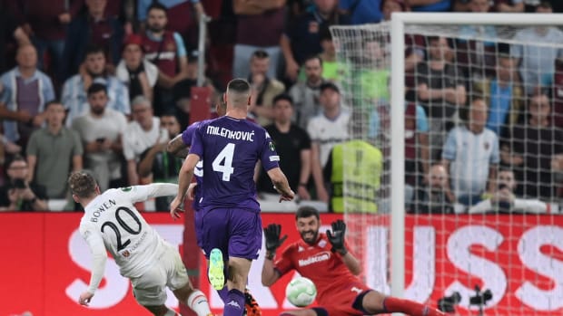 Jarrod Bowen pictured (left) scoring the goal that won the 2023 UEFA Europa Conference League final for West Ham United against Fiorentina
