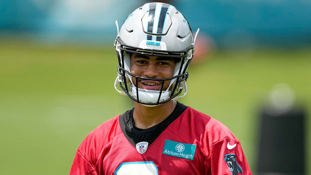 Panthers quarterback Bryce Young smiles during the NFL football team’s rookie minicamp.