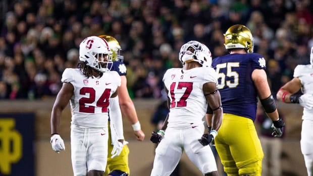 Stanford defensive back Kyu Blu Kelly (17) and Stanford safety Patrick Fields (24) celebrate during the Notre Dame vs. Stanford NCAA football game Saturday, Oct. 15, 2022 at Notre Dame Stadium in South Bend. Notre Dame Vs Stanford Football