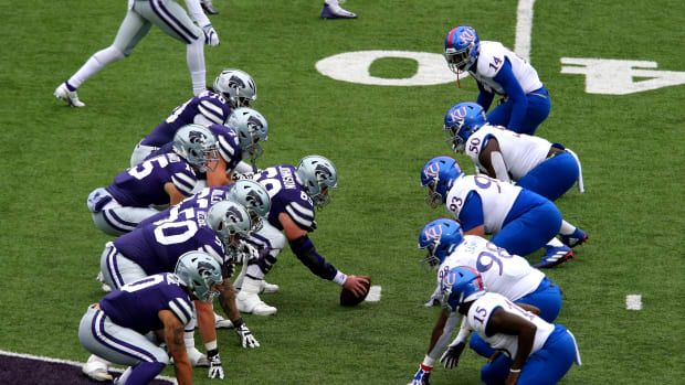 Oct 24, 2020; Manhattan, Kansas, USA; In-state rivals Kansas State Wildcats and Kansas Jayhawks square off during the Sunflower Showdown at Bill Snyder Family Football Stadium. Mandatory Credit: Scott Sewell-USA TODAY Sports