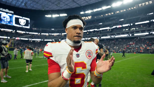 Jan 7, 2023; Paradise, Nevada, USA; Kansas City Chiefs safety Bryan Cook (6) reacts after the game against the Las Vegas Raiders at Allegiant Stadium. Mandatory Credit: Kirby Lee-USA TODAY Sports