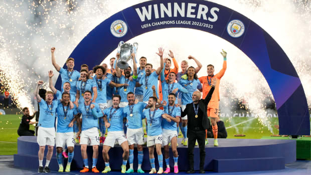 Man City celebrating a Champions League title.