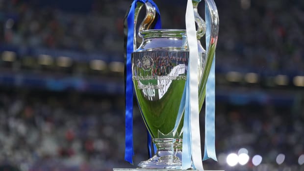 The UEFA Champions League trophy pictured at Istanbul's Ataturk Olympic Stadium ahead of the 2023 final between Manchester City and Inter Milan