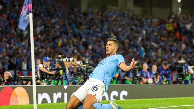 Midfielder Rodri pictured celebrating after scoring for Manchester City against Inter Milan in the 2023 UEFA Champions League final