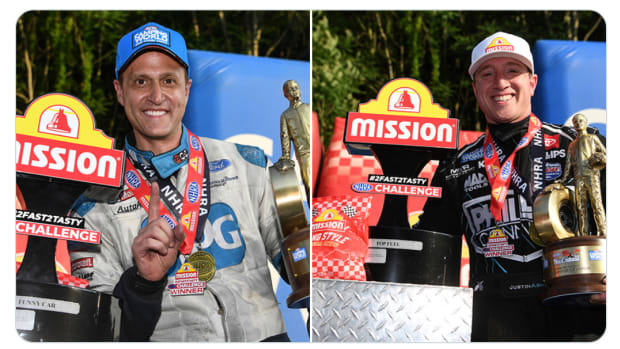 Funny Car driver Bob Tasca (left) earned his first Funny Car win of 2023, while Top Fuel driver Justin Ashley also won his third race of the year in Saturday's delayed finals of last weekend's rain-postponed New England Nationals Saturday at Bristol Dragway. Photos courtesy NHRA.