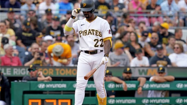 Pittsburgh Pirates’ Andrew McCutchen steps up to the plate to bat against the New York Mets in the seventh inning of a baseball game in Pittsburgh, Saturday, June 10, 2023. (AP Photo/Matt Freed)