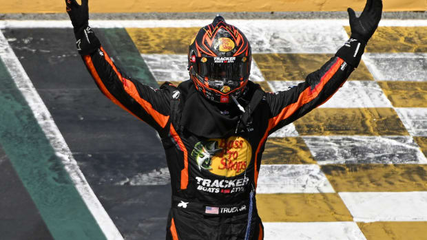 Martin Truex Jr. celebrates after winning Sunday's NASCAR Cup Series Toyota / Save Mart 350 at Sonoma Raceway. (Photo by Logan Riely/Getty Images)