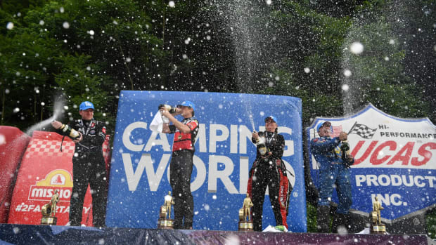NHRA winners at Bristol celebrate (from left): Justin Ashley (Top Fuel), Steve Johnson (Pro Stock Motorcycle), Erica Enders (Pro Stock) and Ron Capps (Funny Car). Photo courtesy NHRA.