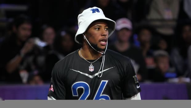 Feb 2, 2023; Henderson, NV, USA; New York Giants running back Saquon Barkley (26) during the Pro Bowl Skills competition at the Intermountain Healthcare Performance Facility.