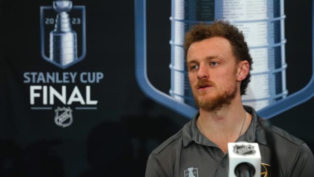 Golden Knights forward Jack Eichel speaks with the media before the Stanley Cup Finals.