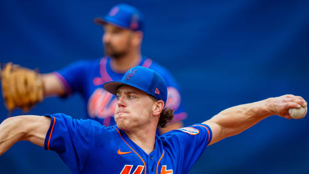 Feb 16, 2023; Port St. Lucie, FL, USA; New York Mets pitcher Josh Walker (91) pitches during spring training workouts.