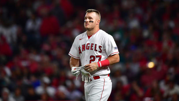 Angels’ Mike Trout stares into the distance after striking out.