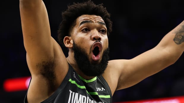 Timberwolves center Karl-Anthony Towns (32) reacts after being charged with a foul against the Thunder during the first quarter at Target Center.