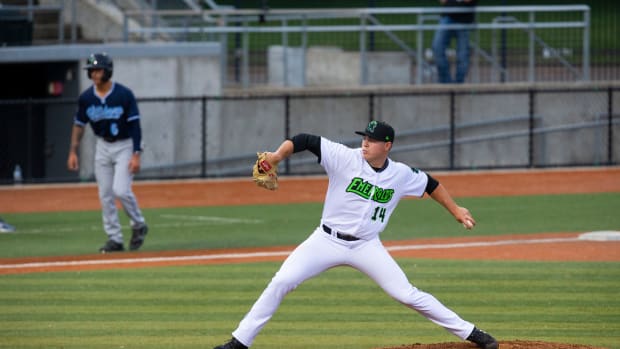 SF Giants prospect Seth Corry pitches for the Eugene Emeralds against the Hillsboro Hops. (2021)