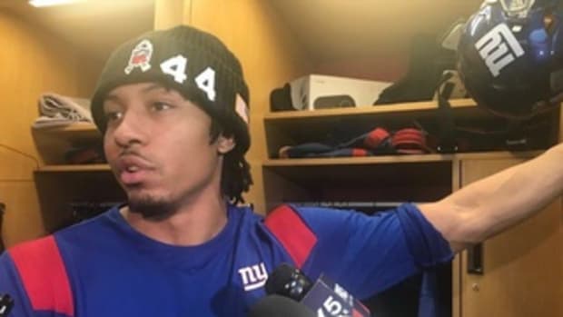 New York Giants safety Nick McCloud speaks to reporters Wednesday at his locker.