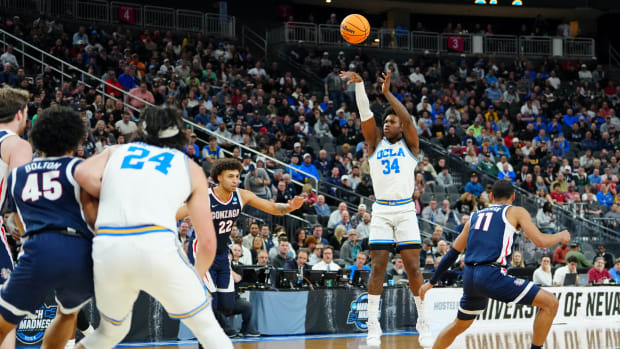 Mar 23, 2023; Las Vegas, NV, USA; UCLA Bruins guard David Singleton (34) shoots the ball against the Gonzaga Bulldogs during the first half at T-Mobile Arena.