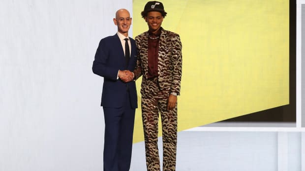 Keyonte George (Baylor) with NBA commissioner Adam Silver after being selected sixteenth by the Utah Jazz in the first round of the 2023 NBA Draft at Barclays Arena.