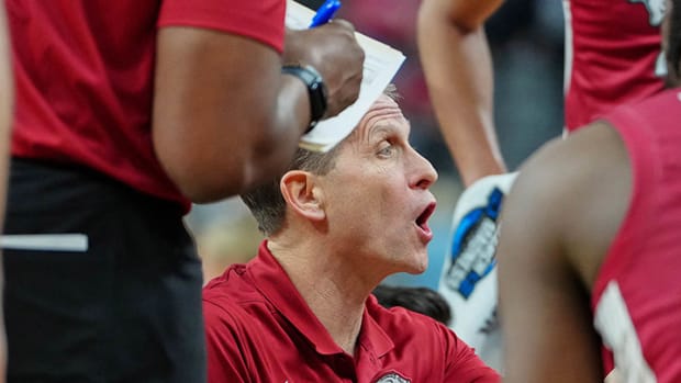 Razorbacks' coach Eric Musselman during a timeout against UConn in the Sweet 16 on Thursday night.