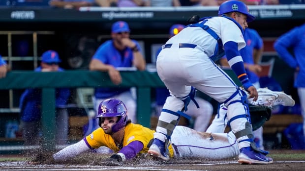 LSU Tigers outfielder Dylan Crews opens scoring against the Florida Gators in game one of the College World Series.