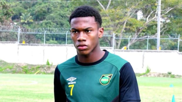 A teenage Dujuan Richards pictured dressed in Jamaica kit