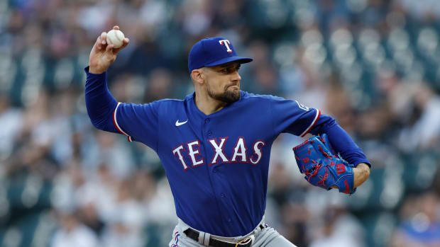 Jun 20, 2023; Chicago, Illinois, USA; Texas Rangers starting pitcher Nathan Eovaldi (17) pitches against the Chicago White Sox during the first inning at Guaranteed Rate Field. Mandatory Credit: Kamil Krzaczynski-USA TODAY Sports