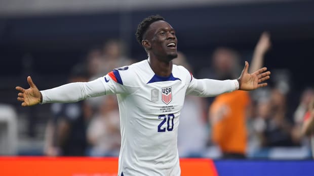 Folarin Balogun pictured celebrating after scoring his first international goal for the USMNT in the 2023 CONCACAF Nations League final against Canada