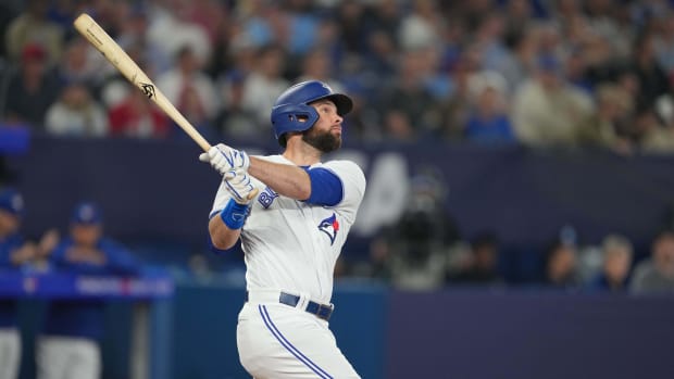 Toronto Blue Jays designated hitter Brandon Belt hits a home run during the sixth inning against the Houston Astros at Rogers Centre. (2023)