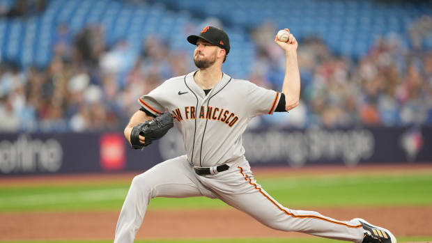 SF Giants pitcher Alex Wood pitches to the Toronto Blue Jays during the second inning at Rogers Centre on June 27, 2023.