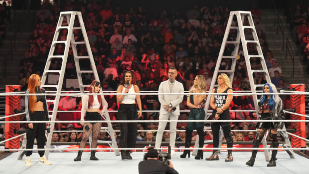 Participants in the 2023 women's Money in the Bank match in the ring on Raw
