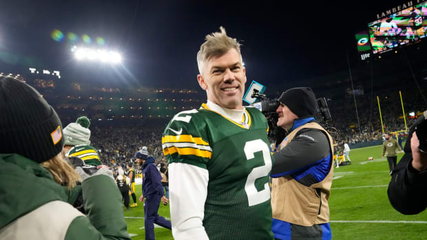Green Bay Packers place kicker Mason Crosby (2) is all smiles after kicking the game winning field goal after their 31-28 overtime win against the Dallas Cowboys on Sunday, Nov. 13, 2022 at Lambeau Field in Green Bay. Packers Cowboys