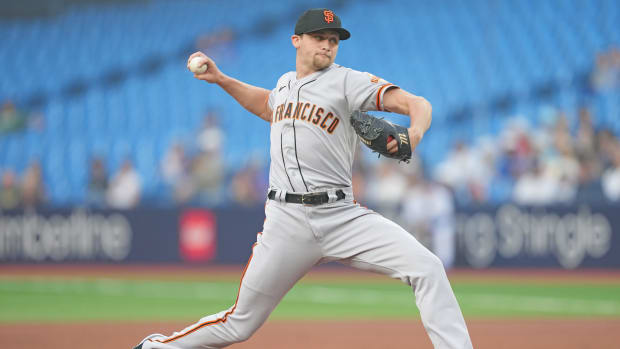 SF Giants starting pitcher Keaton Winn throws a pitch against the Toronto Blue Jays on June 29, 2023.