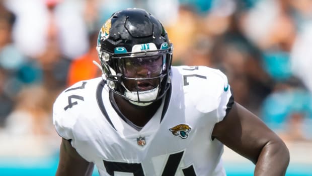 Jaguars left tackle Cam Robinson gets ready for a play.