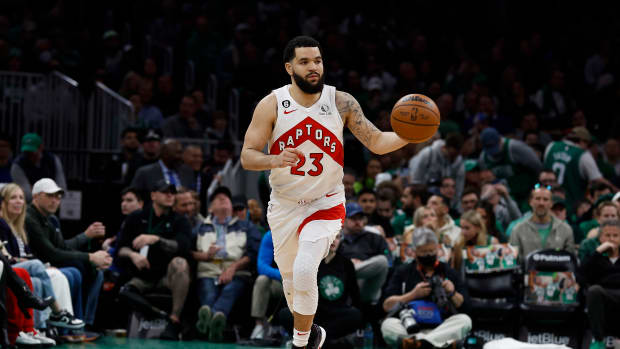 Apr 7, 2023; Boston, Massachusetts, USA; Toronto Raptors guard Fred VanVleet (23) brings the ball up the court against the Boston Celtics during the first quarter at TD Garden. Mandatory Credit: Winslow Townson-USA TODAY Sports