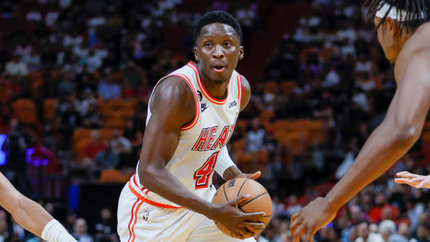 Heat guard Victor Oladipo looks for a passing option during the third quarter against the Orlando Magic.