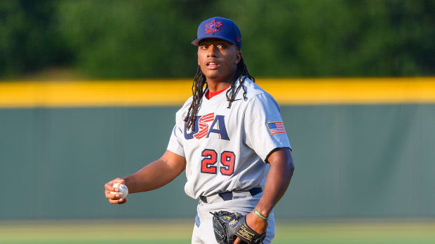 North Carolina A&T pitcher Xavier Meachem is throwing during the Collegiate National Team training camp.
