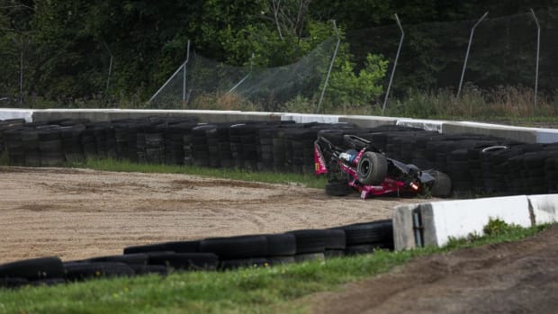 Simon Pagenaud went for a wild and scary ride, flipping several times, in a crash during practice Saturday morning at Mid-Ohio Sports Car Course. Pagenaud said on his team radio that he lost his brakes. He was taken to the infield care center, examined and released. Photo courtesy IndyCar.