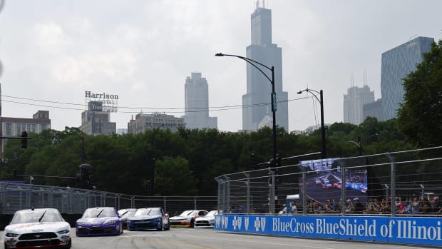 Cars turn a corner in The Loop 121 Xfinity Series race in Chicago.