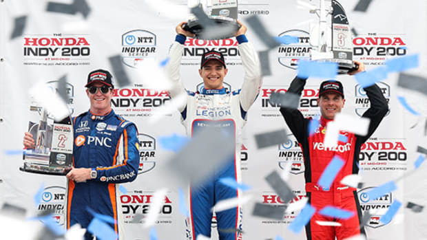 Alex Palou (center) celebrates his win Sunday at Mid-Ohio. Teammate Scott Dixon (left) finished runner-up, while Will Power (right) wound up third. Photo courtesy IndyCar.