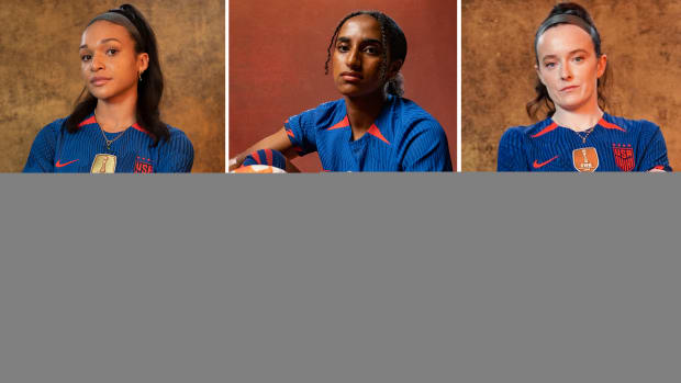 A split image with portraits of Sophia Smith, Naomi Girma and Rose Lavelle of the U.S. women's national team.