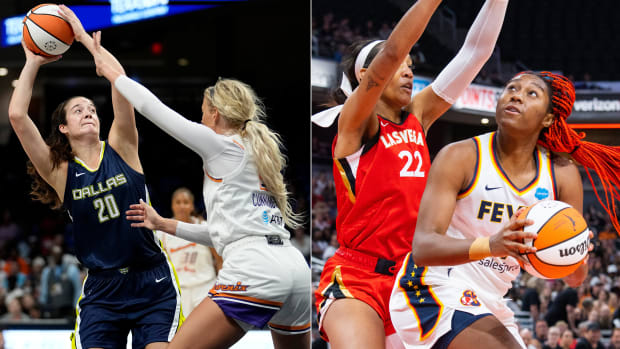 A split image of Wings rookie Maddy Siegrist and Fever rookie Aliyah Boston looking to shoot the ball.