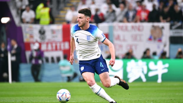 Declan Rice pictured playing for England against France at the 2022 FIFA World Cup in Qatar